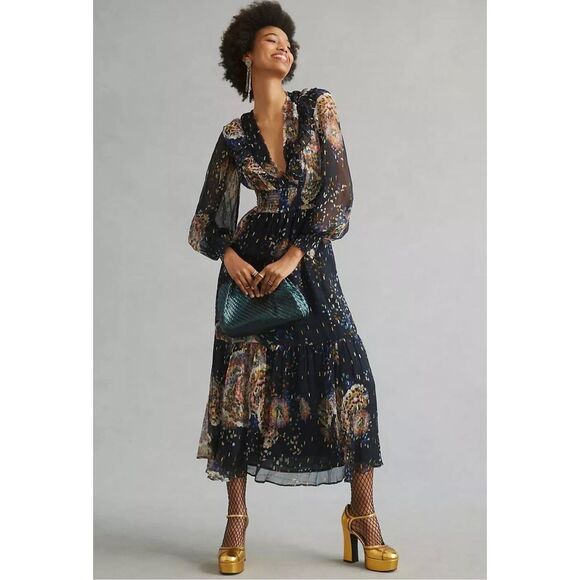 Anthropologie Smocked V-Neck Maxi Dress Size M - Picture 1 of 11